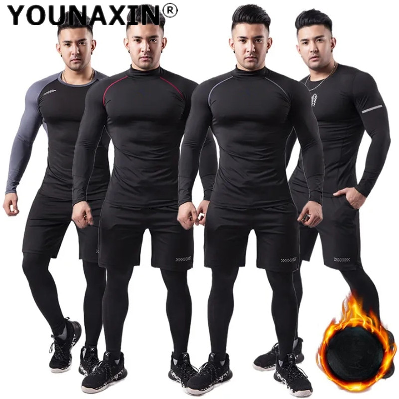 T Shirt Tight Fit - ชุดกีฬาผู้ชาย 3 ชิ้น ผ้าพลัฌ อุ่นสบาย เสื้อยืดกันหนาว